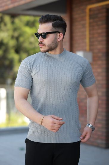 Erkek Bisiklet Yaka örgü Desenli Kısa örme Triko Kısa Kollu T-shirt resmi